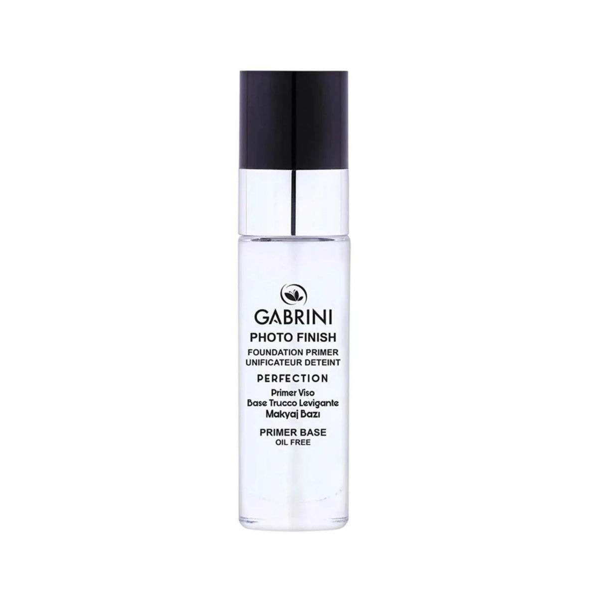 Refect Beauty Gabrini Photo Finish oil-free face primer in a clear pump bottle with a black cap for smooth makeup base