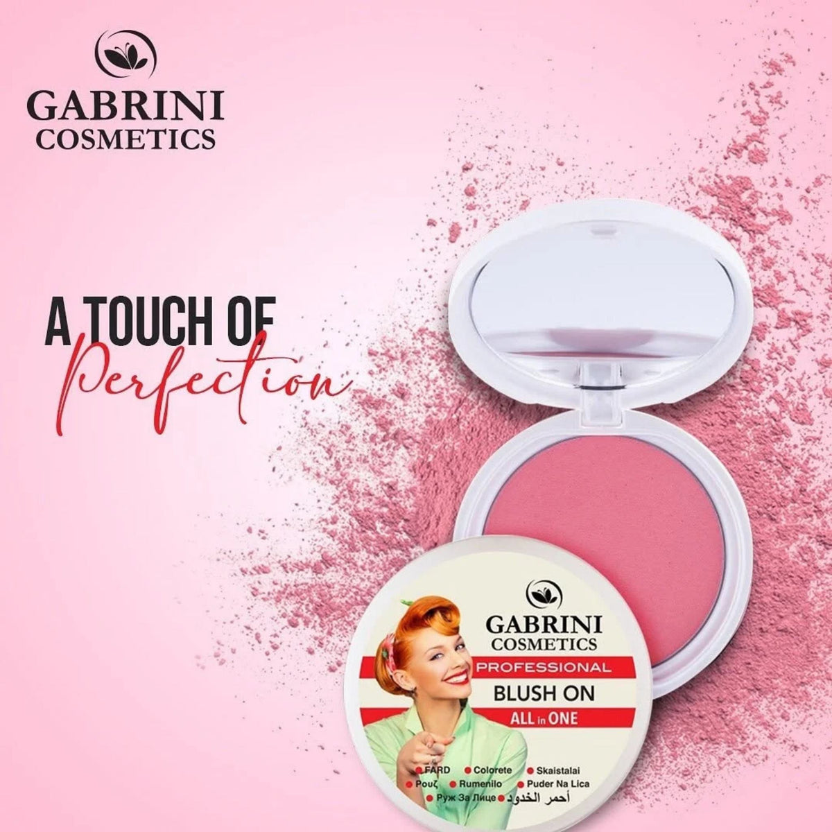 Refect Beauty Gabrini Professional Blush On in a pink powder compact with a vintage-style pin-up girl illustration