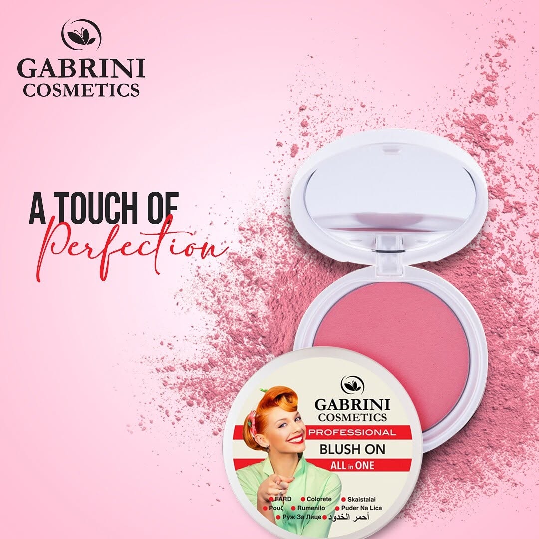 Refect Beauty Gabrini Professional pink powder blush in a compact case with a mirror on a soft pink background