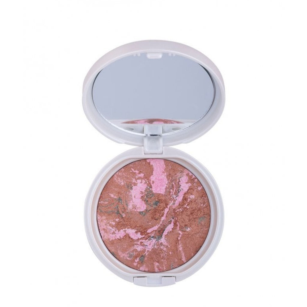 Refect Beauty Gabrini Terracotta Blush-On in a marbled pink and bronze baked powder with a built-in mirror compact. 34