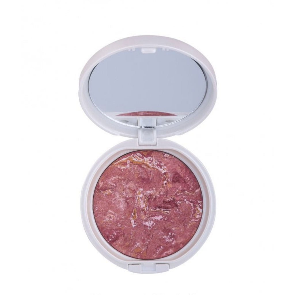 Refect Beauty Gabrini Terracotta Blush-On in a white compact with a marbled pink and gold baked powder finish 33