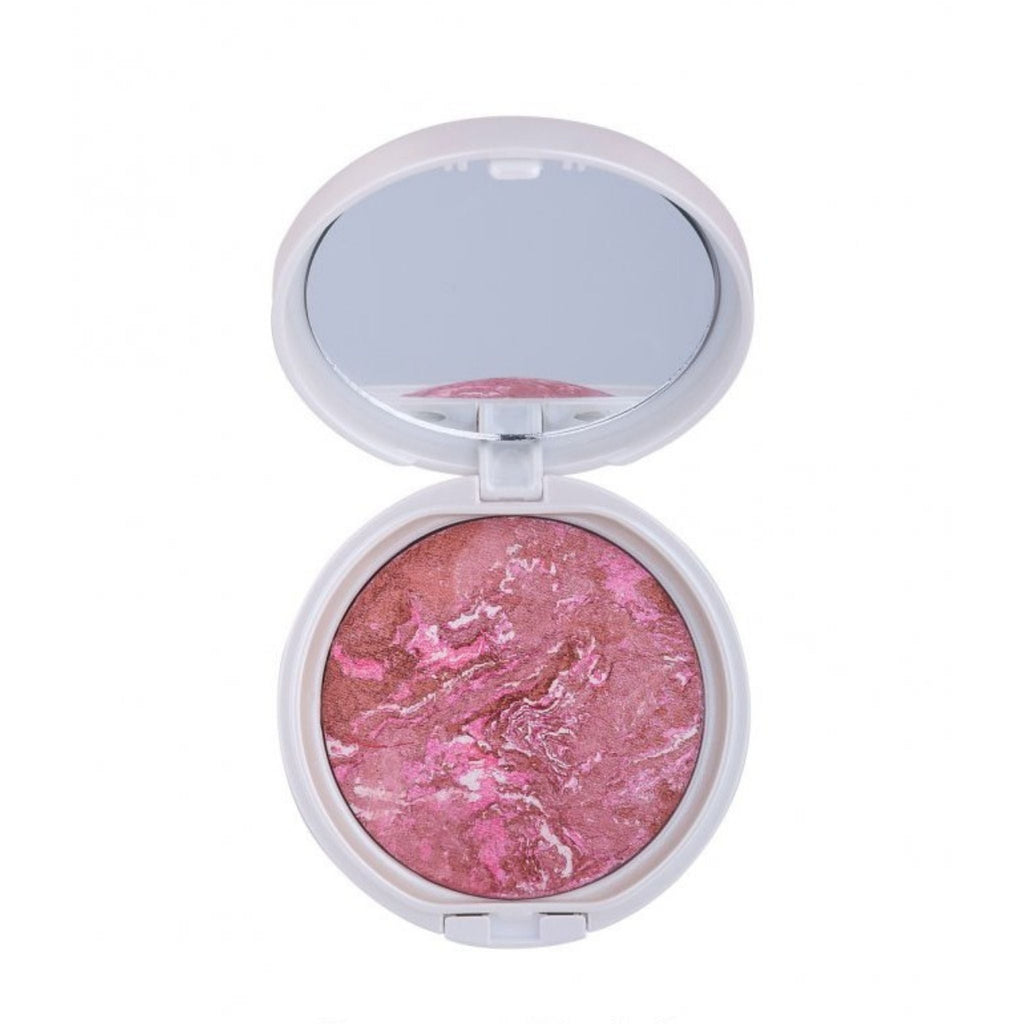 Refect Beauty Gabrini Terracotta Blush-On in a white compact with a mirror, featuring a marbled pink and bronze powder. 32