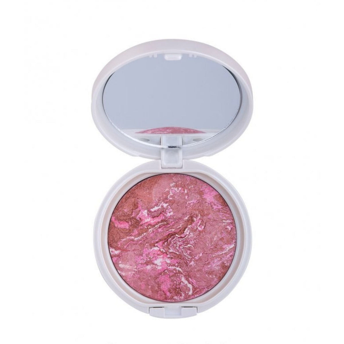 Refect Beauty Gabrini Terracotta Blush-On in a white compact with a mirror, featuring a marbled pink and bronze powder. 32