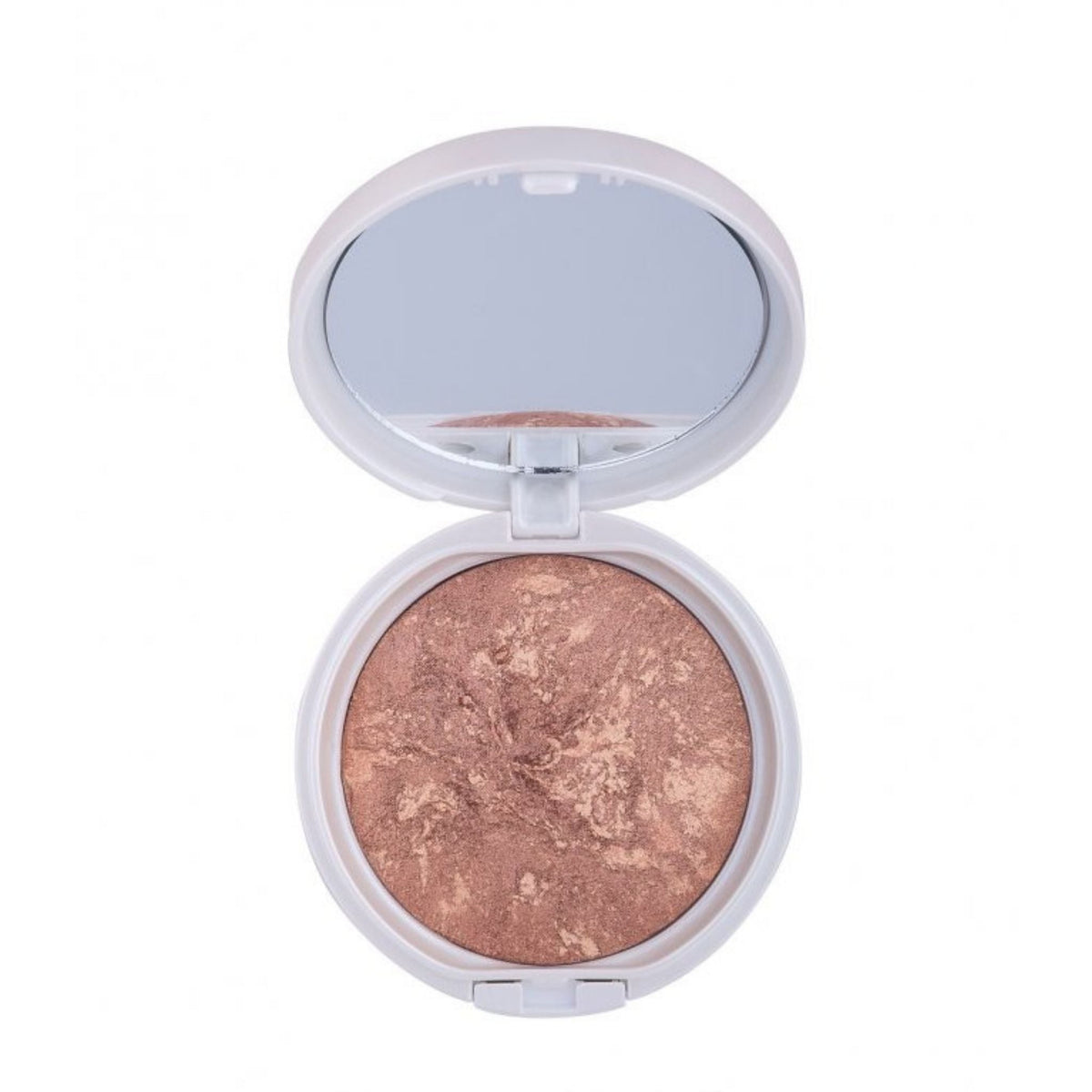 Refect Beauty Gabrini Terracotta Blush-On in a white compact case with an open mirror lid and marbled powder finish. 31