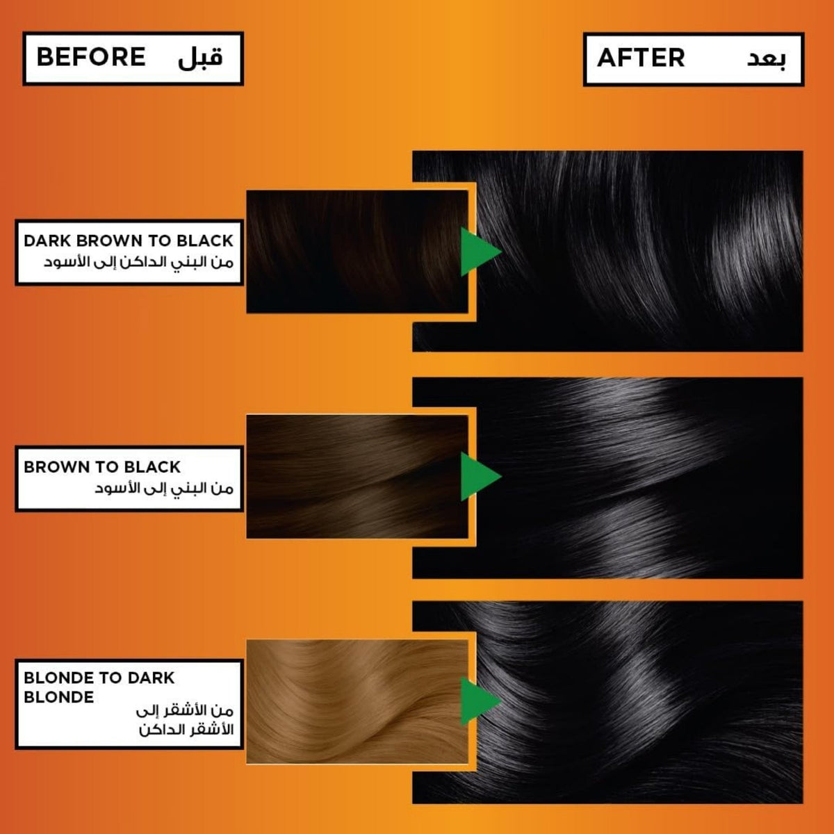 Refect Beauty Garnier Color Naturals hair color before and after results showing transition to black hair shades.