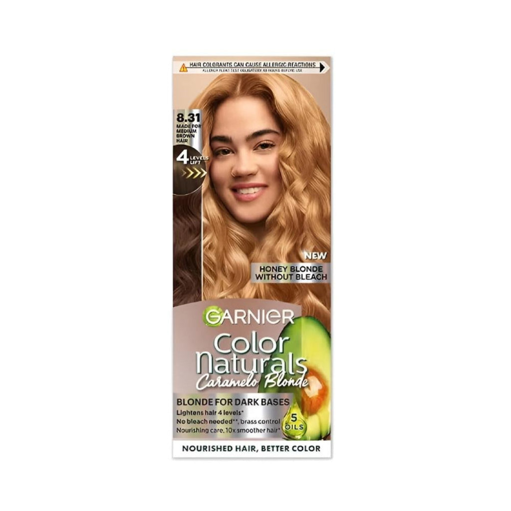 Refect Beauty Garnier Caramelo Blonde permanent hair color box featuring a model with vibrant caramel blonde hair 8.31