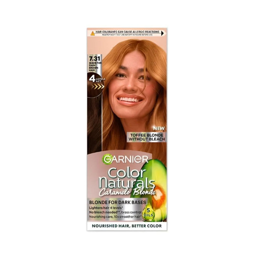Refect Beauty Garnier Caramelo Blonde permanent hair color box featuring a model with vibrant caramel blonde hair. 7.31