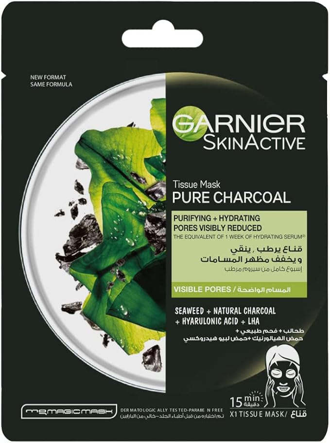 Refect Beauty Garnier Pure Charcoal tissue face mask for pore tightening and hydration with black algae and charcoal.