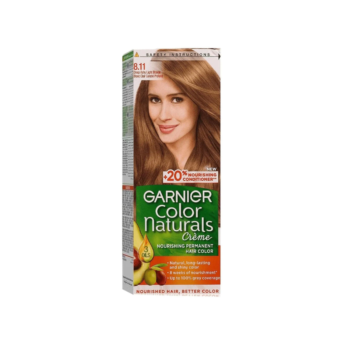 Refect Beauty Garnier Color Naturals 8.11 Deep Ashy Light Blonde permanent hair dye box with nourishing oils.