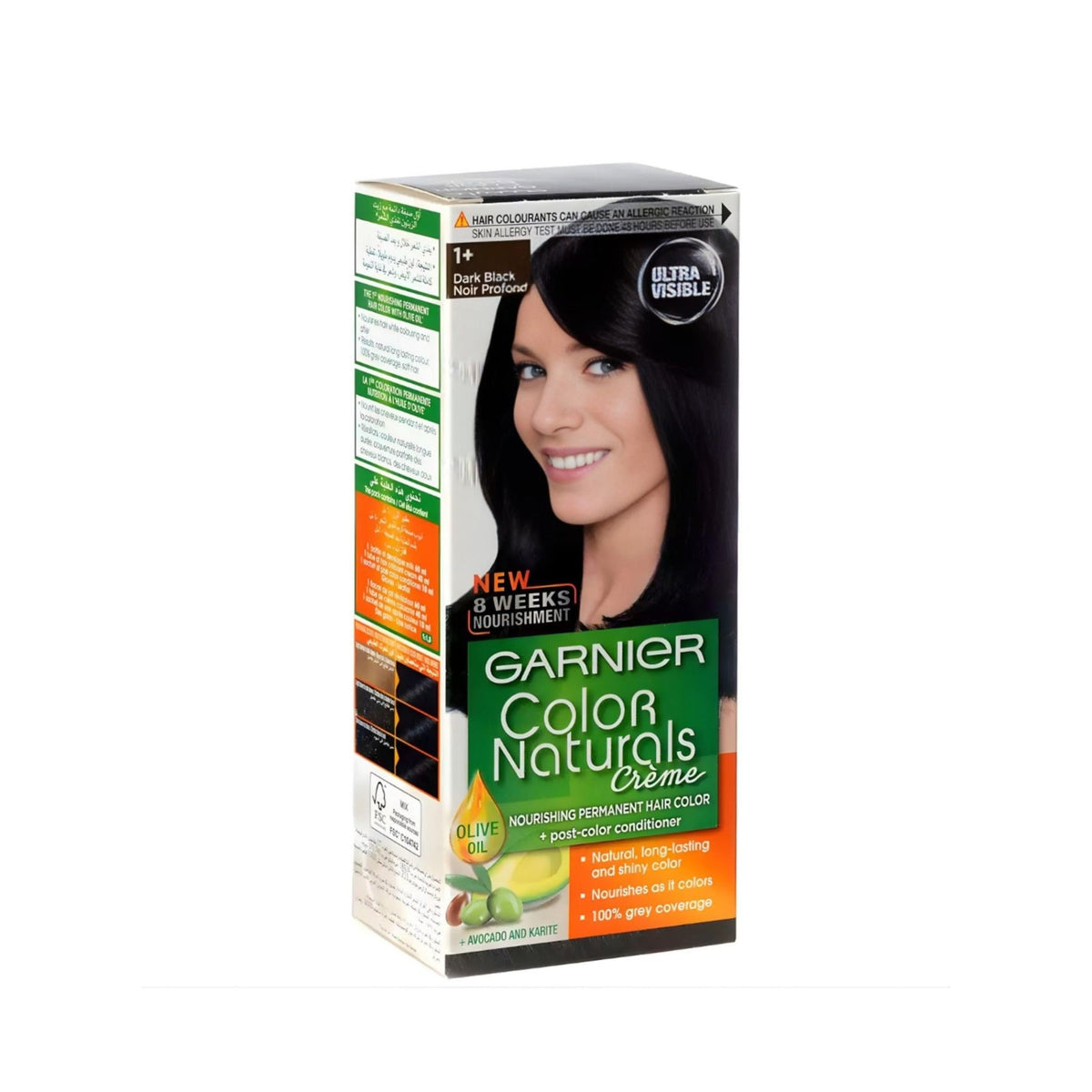 Refect Beauty Garnier Color Naturals permanent hair dye box in Dark Black with nourishing oils and grey coverage.