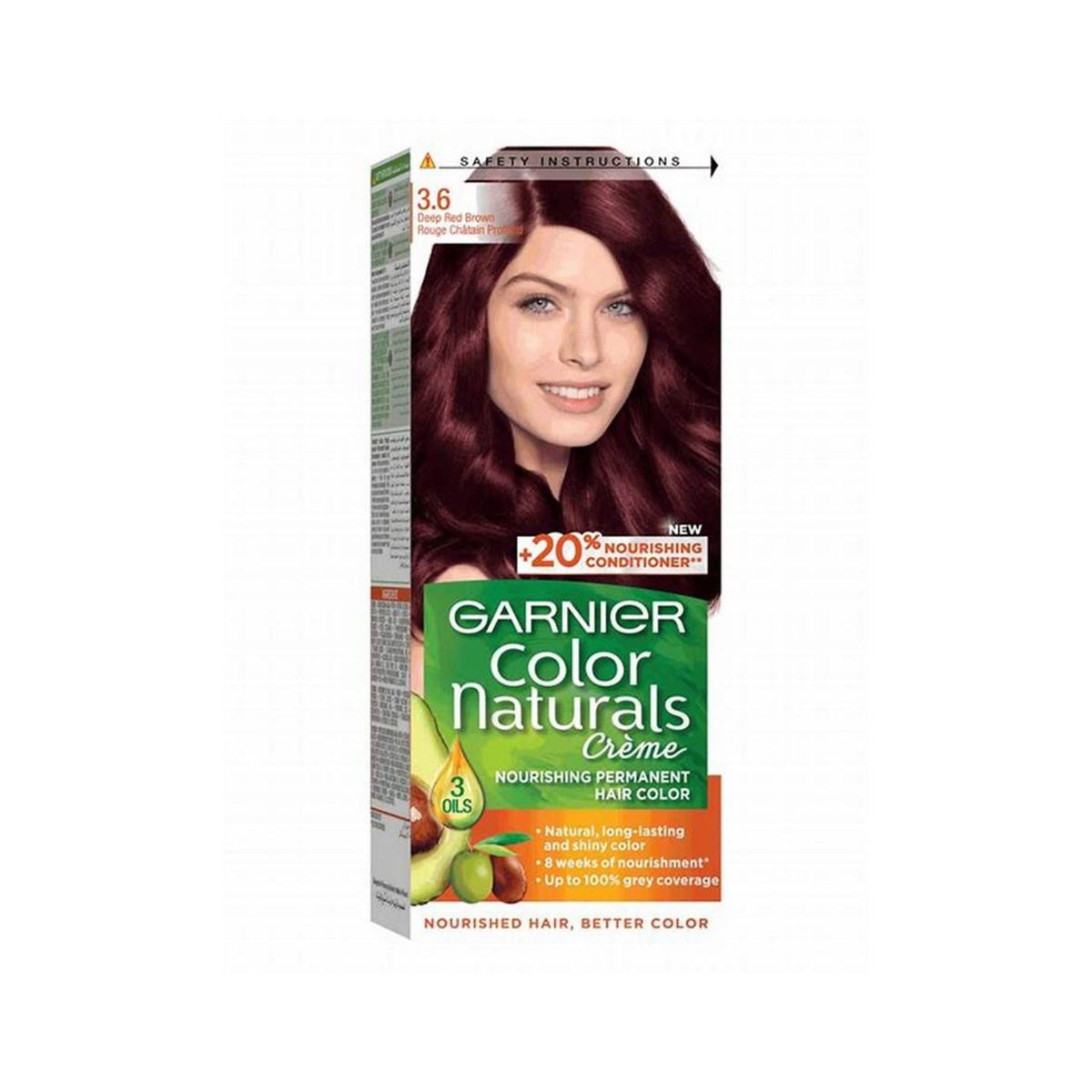 Refect Beauty Garnier Color Naturals permanent hair dye box in 3.6 Deep Red Brown shade with model showing result