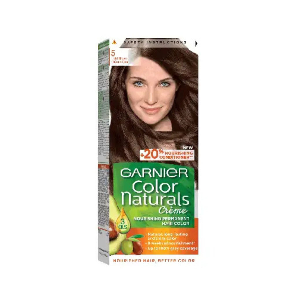 Refect Beauty Garnier Color Naturals permanent hair dye box in light brown shade featuring a model with shiny hair