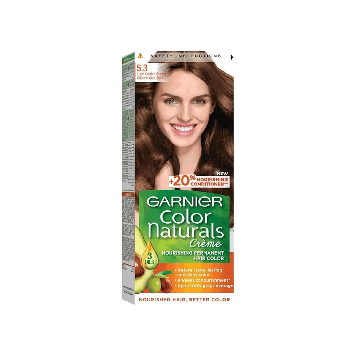 Refect Beauty Garnier Color Naturals 5.3 Light Golden Brown permanent hair dye box with model showing shiny hair