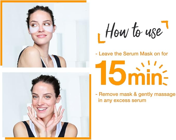 Refect Beauty Garnier Hydra Bomb eye tissue mask applied to a woman's under-eye area with how-to-use instructions