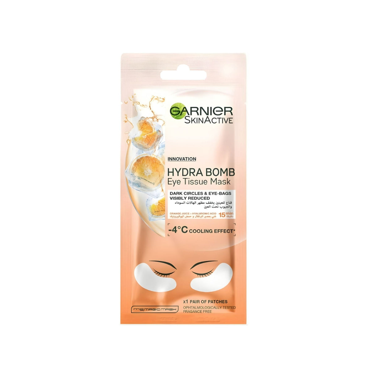 Refect Beauty Garnier Hydra Bomb Eye Tissue Mask packaging with orange extract and cooling effect for dark circles.
