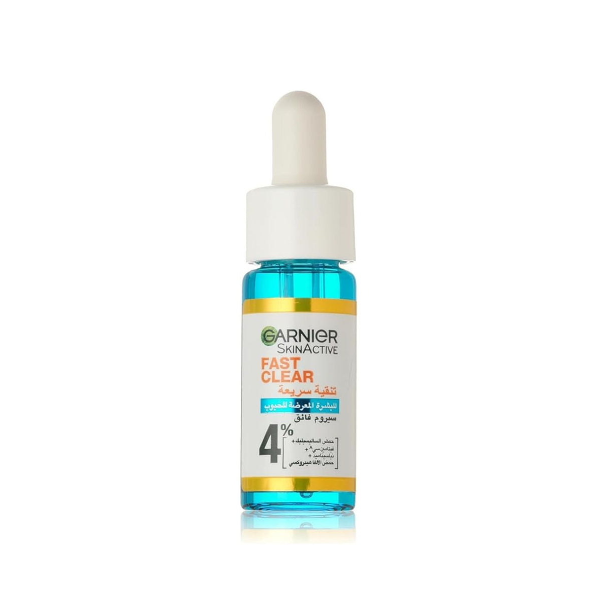 Refect Beauty Garnier SkinActive Fast Clear acne-prone skin booster serum in a blue glass bottle with a white dropper.