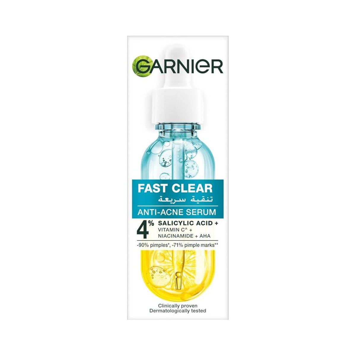 Refect Beauty Garnier SkinActive Fast Clear Booster Serum bottle with salicylic acid and vitamin C for acne-prone skin