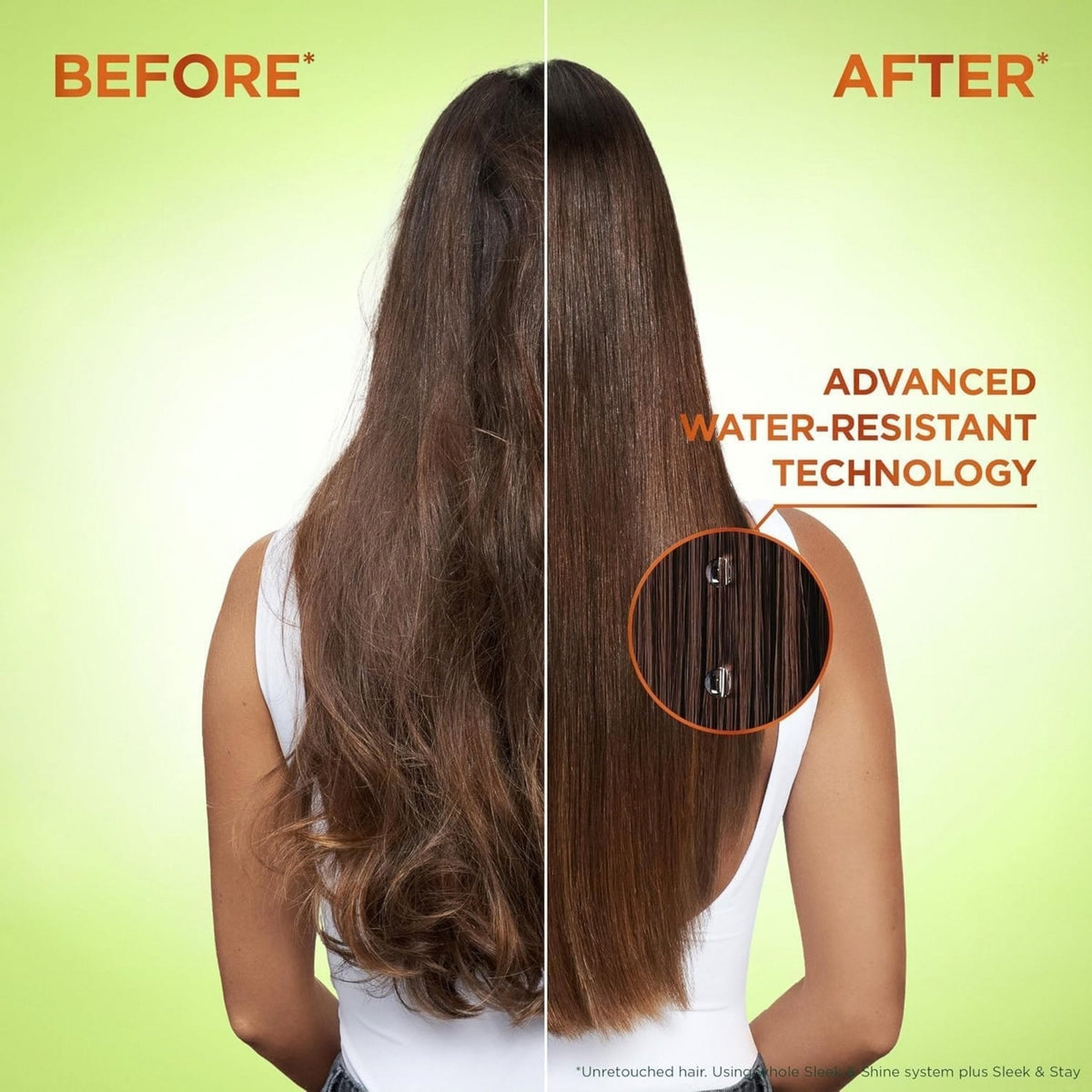 Refect Beauty Garnier Fructis Sleek & Shine serum before and after comparison showing smooth, frizz-free hair results.