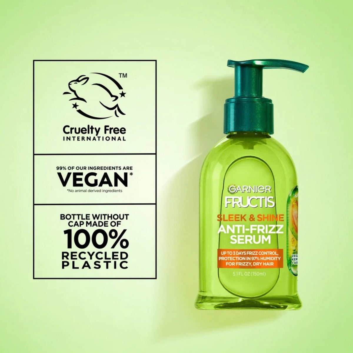 Refect Beauty Garnier Fructis Sleek & Shine Anti-Frizz Serum in a green recycled plastic bottle with a pump dispenser.