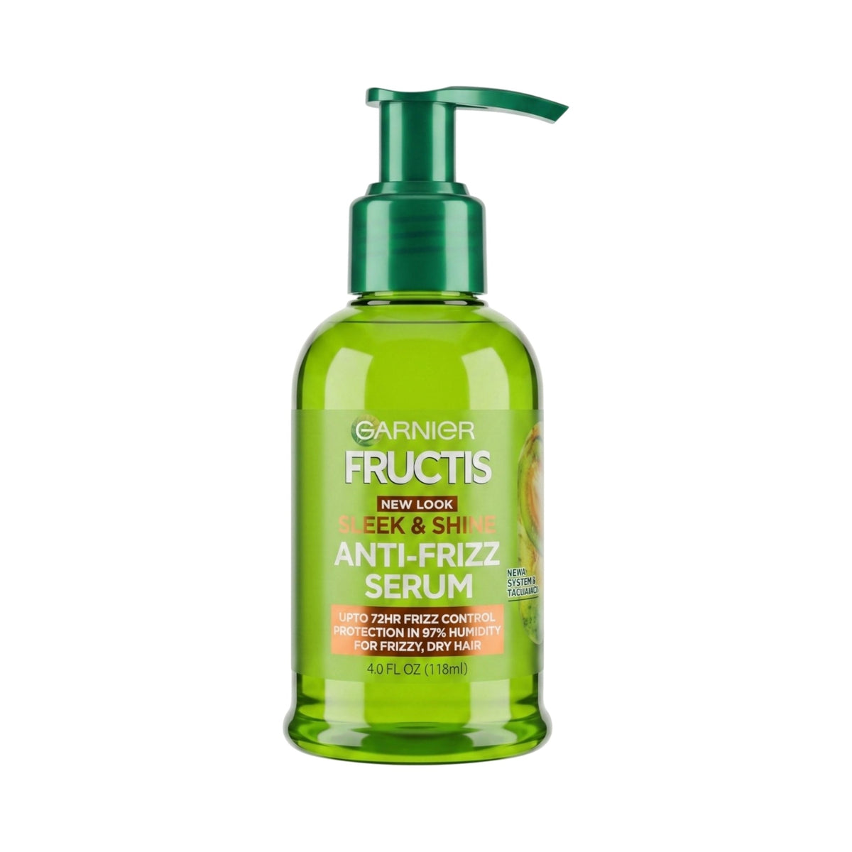 Refect Beauty Garnier Fructis Sleek & Shine Anti-Frizz Serum in a green pump bottle for smooth, frizz-free hair.