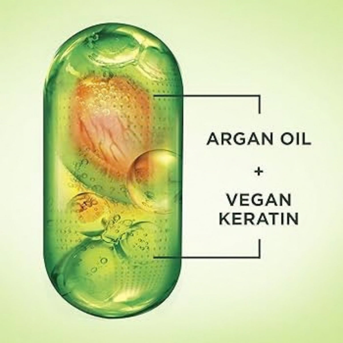 Refect Beauty Garnier Fructis Sleek & Shine serum capsule graphic highlighting argan oil and vegan keratin ingredients.