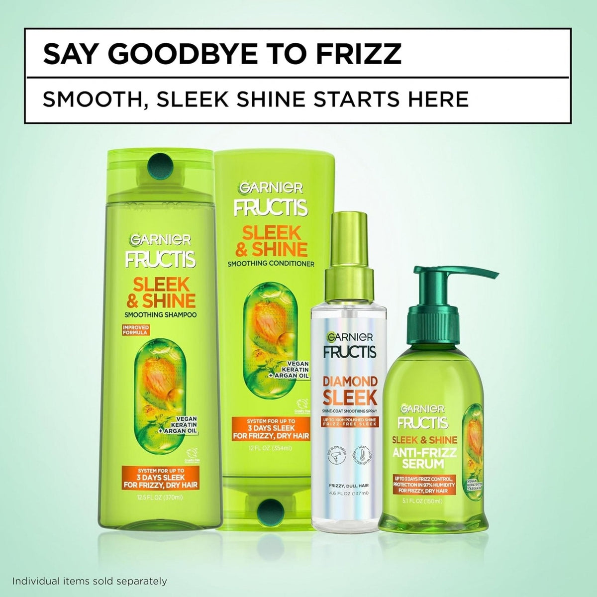 Refect Beauty collection of Garnier Fructis Sleek & Shine hair care products including shampoo, conditioner, and serum.