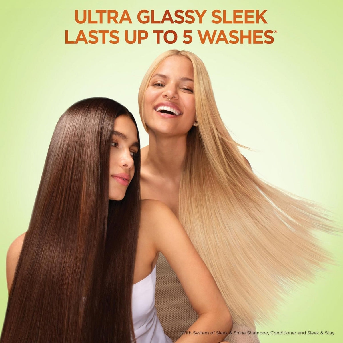 Refect Beauty Garnier Fructis Sleek & Shine serum promotes ultra-glossy, smooth hair for both brunette and blonde models