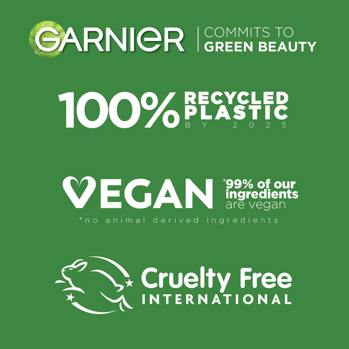 Refect Beauty Garnier green graphic showing 100 percent recycled plastic, vegan, and cruelty free beauty certifications.