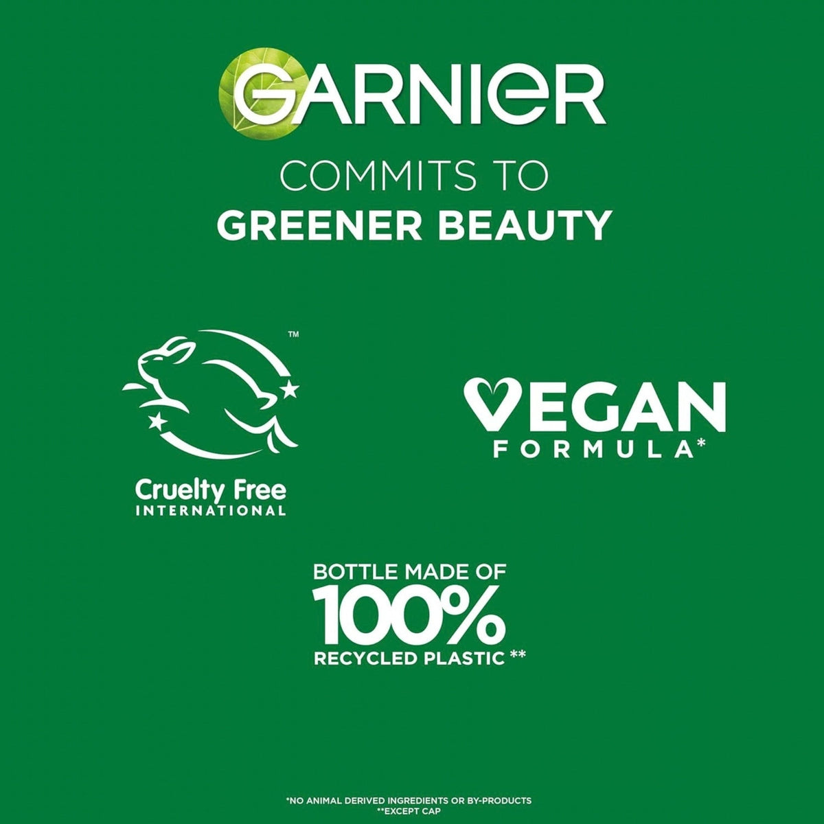 Refect Beauty graphic showing Garnier commitment to greener beauty with cruelty-free, vegan, and recycled plastic icons.