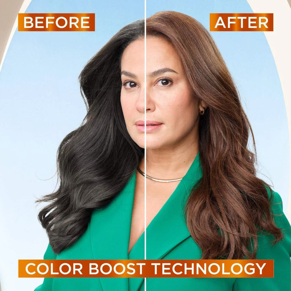 Refect Beauty Garnier Color Naturals before and after comparison showing a woman with dark brown hair color results