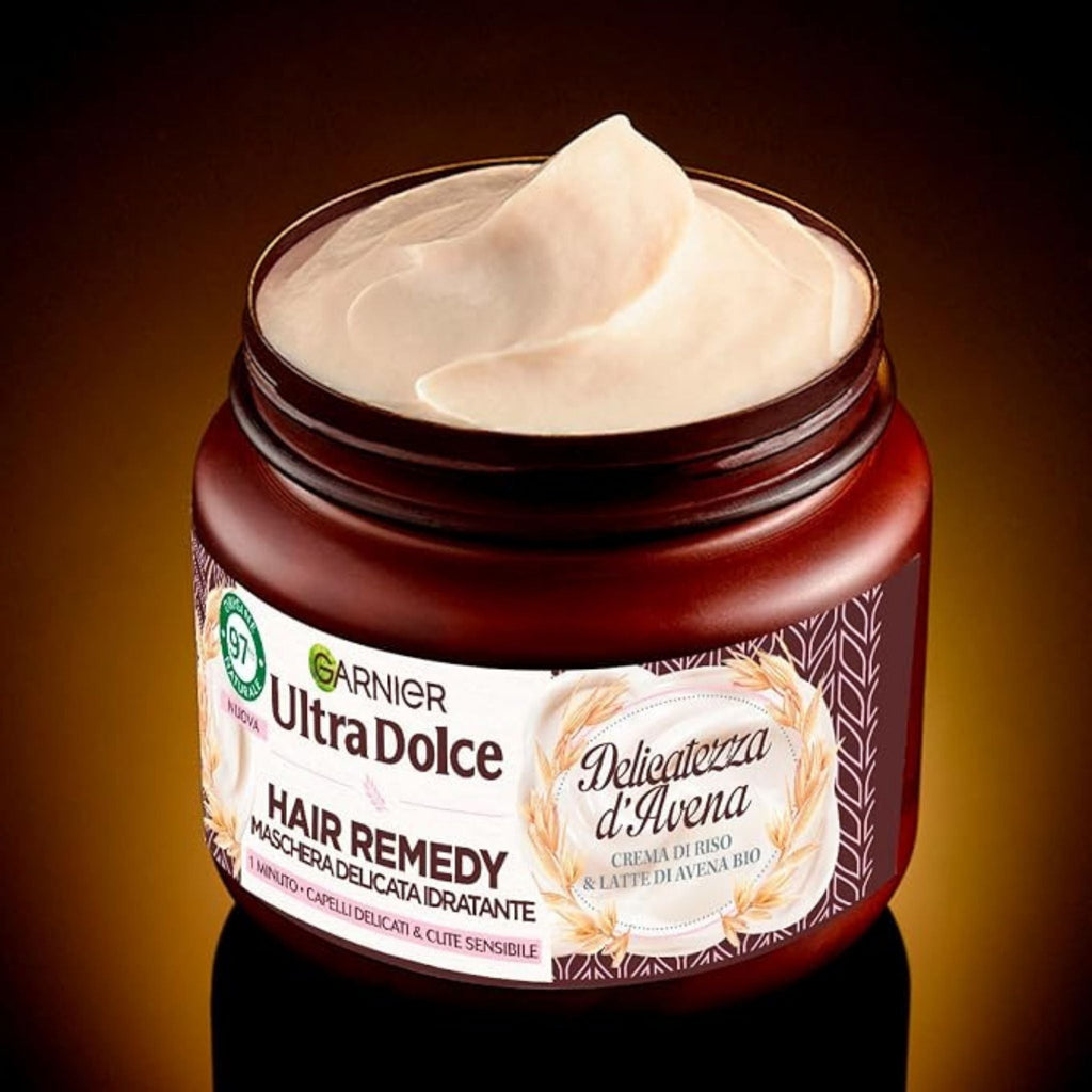 Refect Beauty Garnier Ultra Dolce hair mask in a brown jar with creamy white moisturizing treatment visible inside.