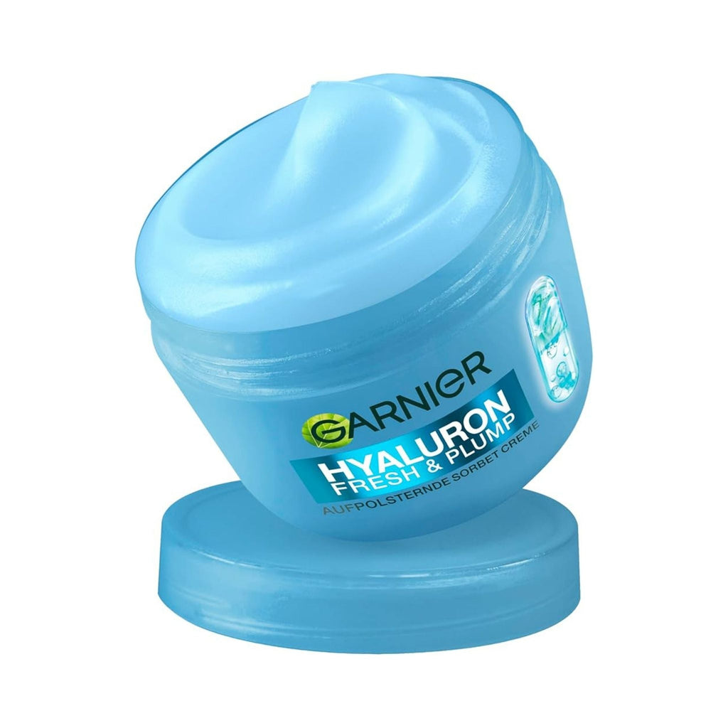 Refect Beauty Garnier Hyaluronic Acid Fresh Plumping Moisturizing Cream in a light blue jar with a sorbet texture.