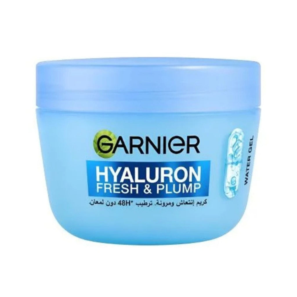 Refect Beauty Garnier Hyaluronic Acid Fresh Plumping water gel moisturizer in a light blue jar for hydrated skin