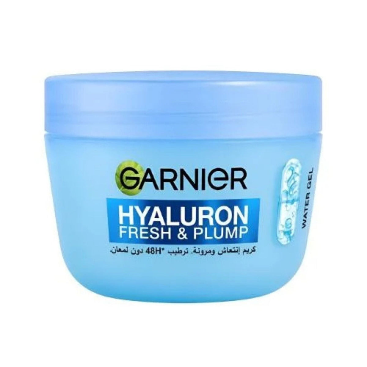 Refect Beauty Garnier Hyaluronic Acid Fresh Plumping water gel moisturizer in a light blue jar for hydrated skin