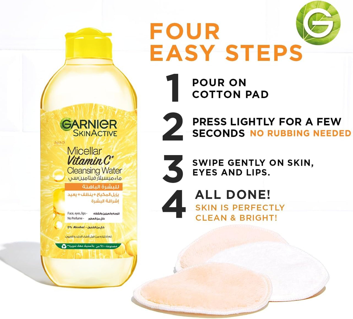 Refect Beauty Garnier Micellar Vitamin C Cleansing Water bottle with instructions and cotton pads for bright skin