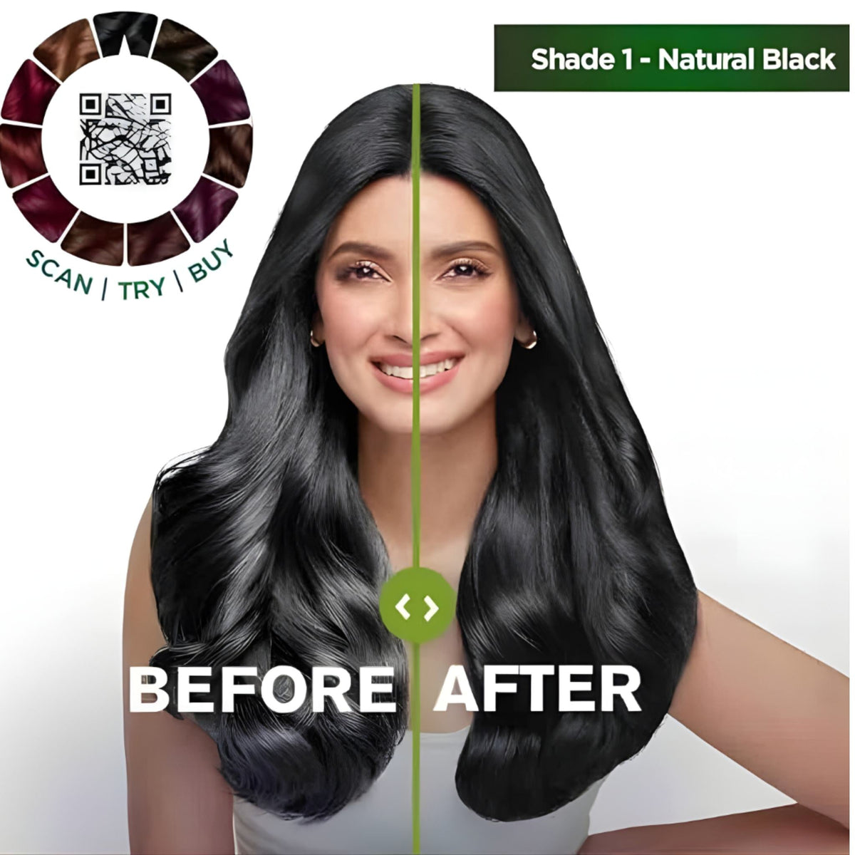 Refect Beauty Garnier Color Naturals hair dye showing a before and after comparison of natural black hair color.