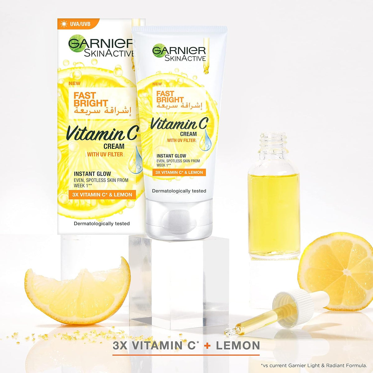 Refect Beauty Garnier SkinActive Fast Fairness Vitamin C and lemon day cream with packaging and fresh lemon slices.