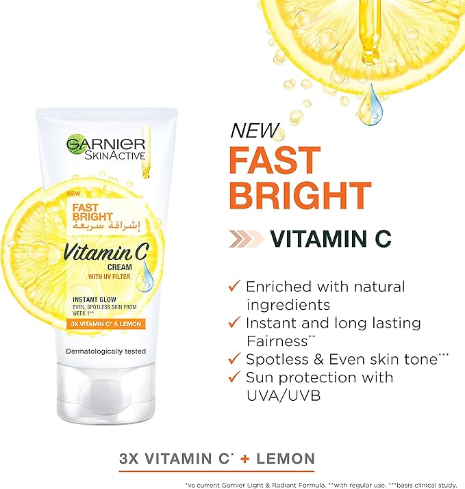 Refect Beauty Garnier SkinActive Fast Fairness day cream tube with Vitamin C and lemon extract for skin brightening