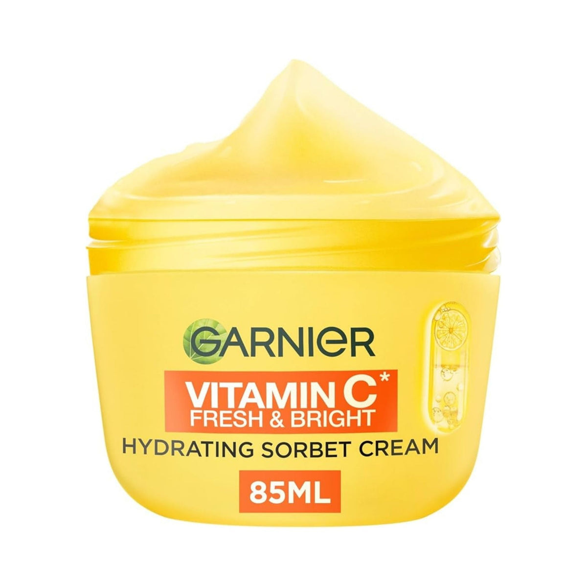 Refect Beauty Garnier Vitamin C Fresh & Bright hydrating sorbet cream in a yellow jar with a swirl of cream on top