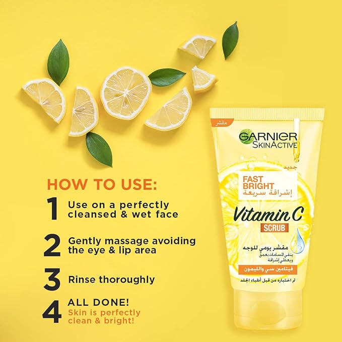 Refect Beauty Garnier Fast Bright Vitamin C daily facial scrub tube with lemon slices on a yellow background