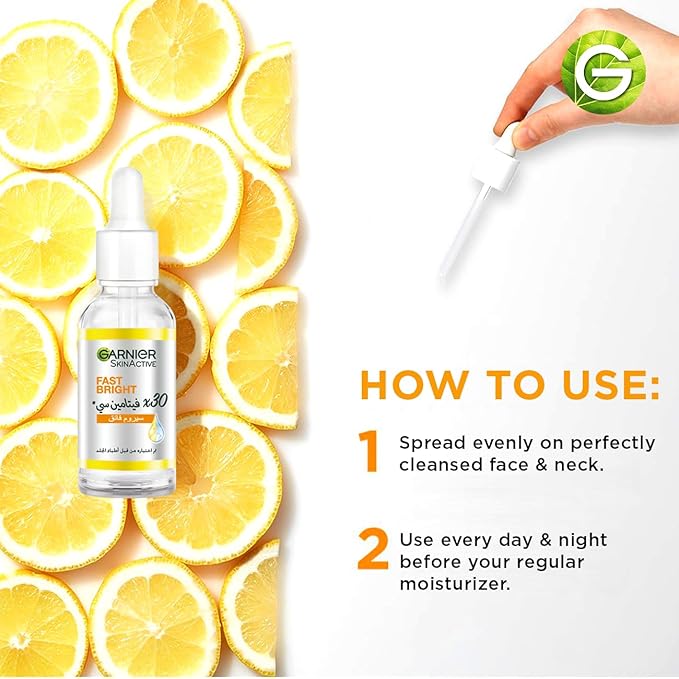 Refect Beauty Garnier Fast Bright Vitamin C serum bottle with dropper, surrounded by lemon slices and usage steps.