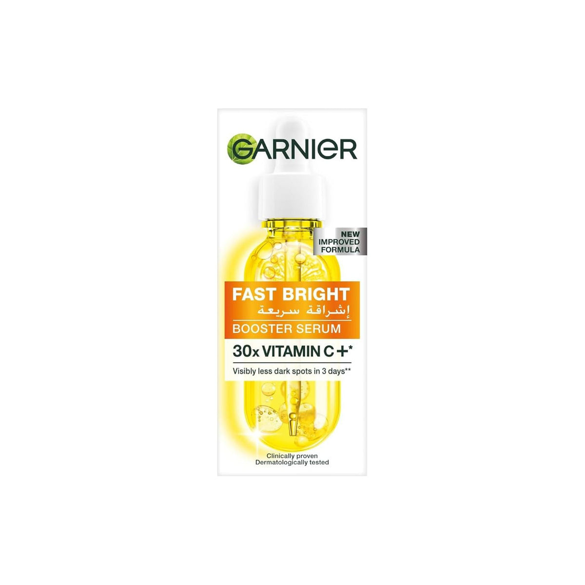 Refect Beauty Garnier Fast Bright 30X Vitamin C serum bottle in packaging for reducing dark spots and skin dullness.