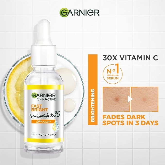 Refect Beauty Garnier Fast Bright Vitamin C Serum bottle with lemon slice background and dark spot reduction graphic