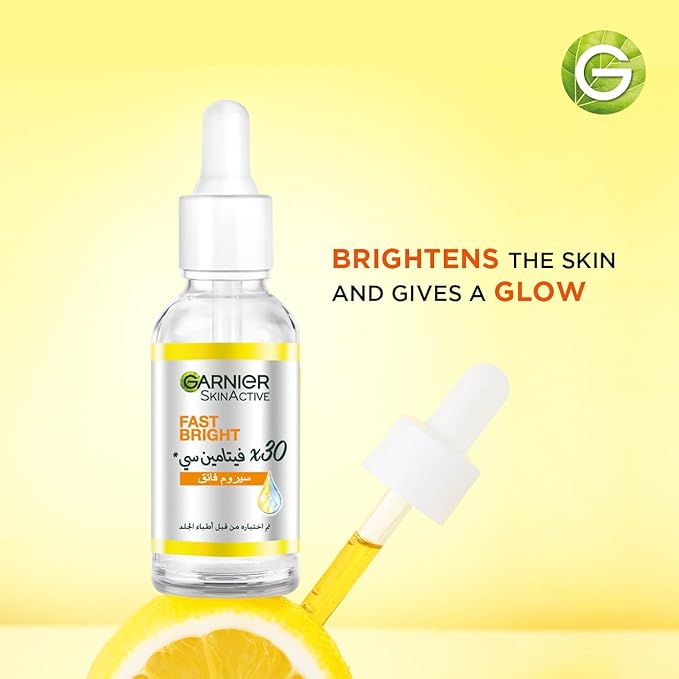 Refect Beauty Garnier Fast Bright Vitamin C serum bottle with dropper, featuring yellow lemon accents for radiance.