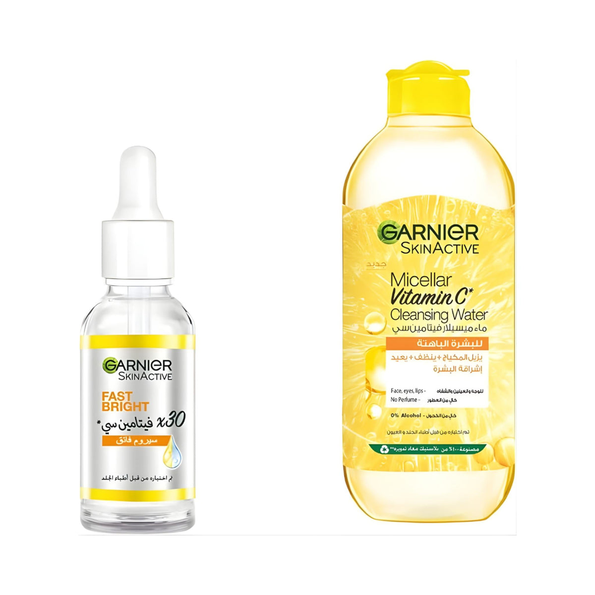 Refect Beauty Garnier Fast Bright Vitamin C serum bottle and Micellar cleansing water for a radiant complexion.