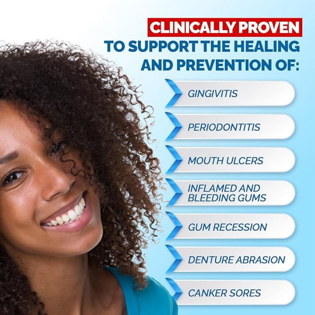 Refect Beauty Gengigel mouthwash benefits list for gum health, featuring a smiling woman and clinical indications.
