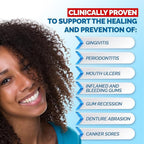 Refect Beauty Gengigel mouthwash benefits list for gum health, featuring a smiling woman and clinical indications.