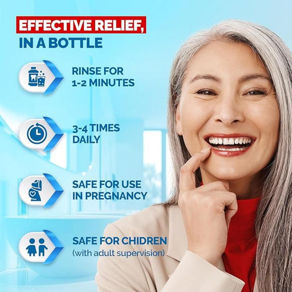 Refect Beauty Gengigel Mondspoeling mouthwash infographic showing usage instructions and safety benefits for a woman