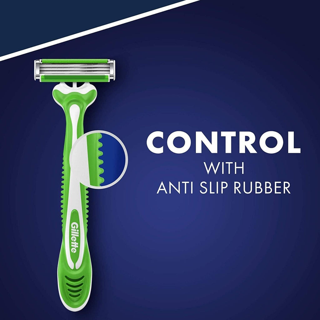 Refect Beauty Gillette Blue 3 sensitive disposable razor with green non-slip rubber handle and three-blade head