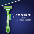 Refect Beauty Gillette Blue 3 sensitive disposable razor with green non-slip rubber handle and three-blade head